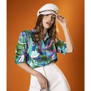 Studio F Psychedelic Colorful 3/4 Sleeve Button-Down Blouse Size Small